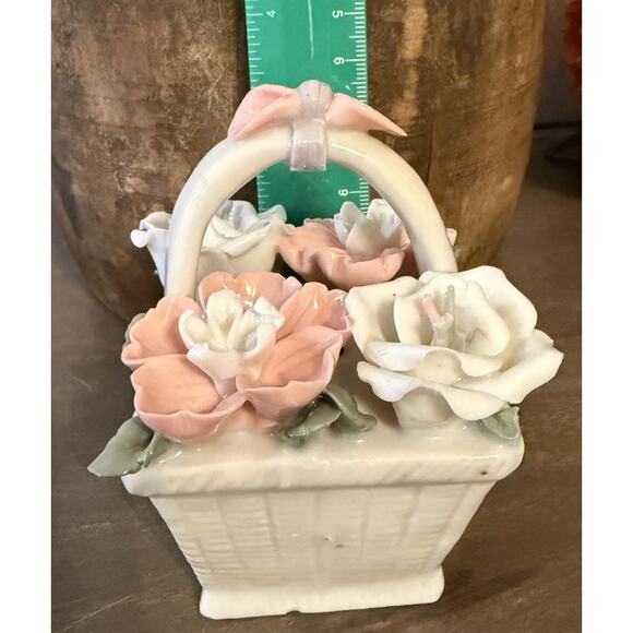 Vintage Porcelain Flower Basket Figurine Pink White Roses Made in China - Picture 5 of 6